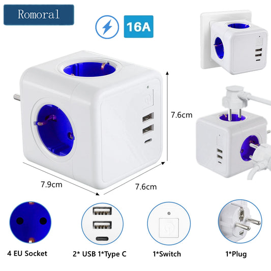 16A EU USB Travel Cube Smart Plug Power Strip 3680W With Switch Type C  Socket Power Network Filter European Extension Adapter