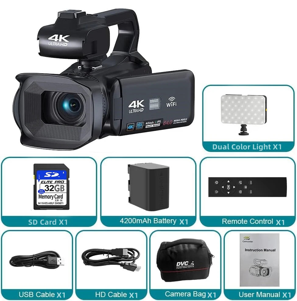 4K Video Camera 64MP Camcorder For Youtube Live Stream Rotate 4.0" Touch Screen Digital Vlog Recorder 18X WIFI Auto Focus Webcam