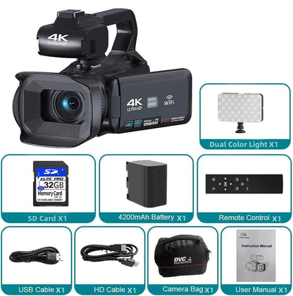 4K Video Camera 64MP Camcorder For Youtube Live Stream Rotate 4.0" Touch Screen Digital Vlog Recorder 18X WIFI Auto Focus Webcam