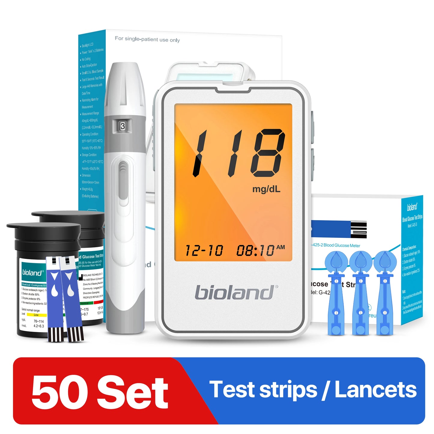 G-425-2 Bioland Blood Glucose Meter Glucometer Kit Diabetes Testing Medical Blood Sugar Lancets digital glucometer complete Kit