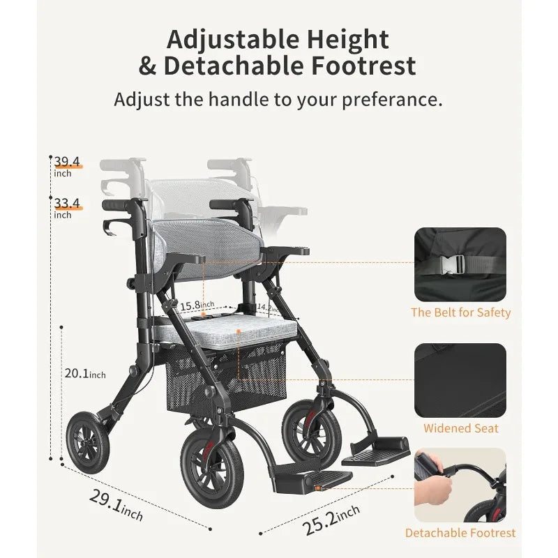 Christmas.Rollator-Walkers-for-Seniors-with-Seat, Walker Wheelchair Combo, Transport-Wheelchair-Lightweight-Foldable