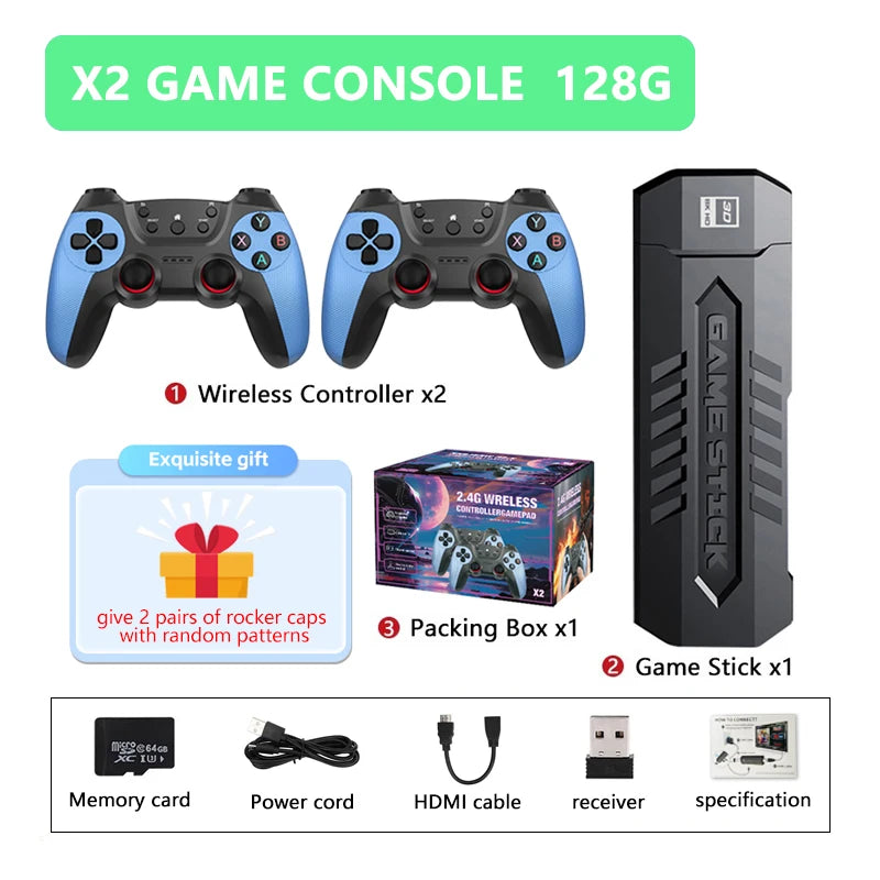 New X2 Game Stick 4K 3D HD Retro Video Game Console Wireless Controller TV Game Play 256G 58000 Retro Games Children Gift