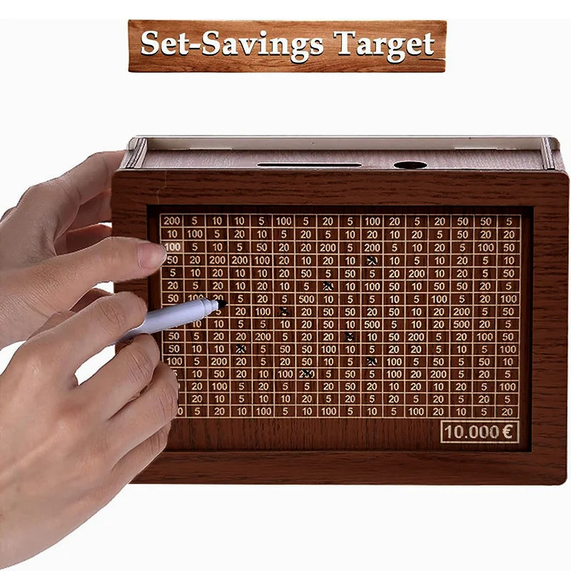 Wooden Money Saving Box Reusable Piggy Bank Money Container for 1000/2000/3000/5000/10000 Euro Cash Coin Case