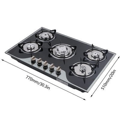 Gas Cooker LPG/NG Gas COOKTOP Built-in 5 Burner Stove Hob Cooktop Tempered Glass Operation Instruction Automatic Pulse Ignition
