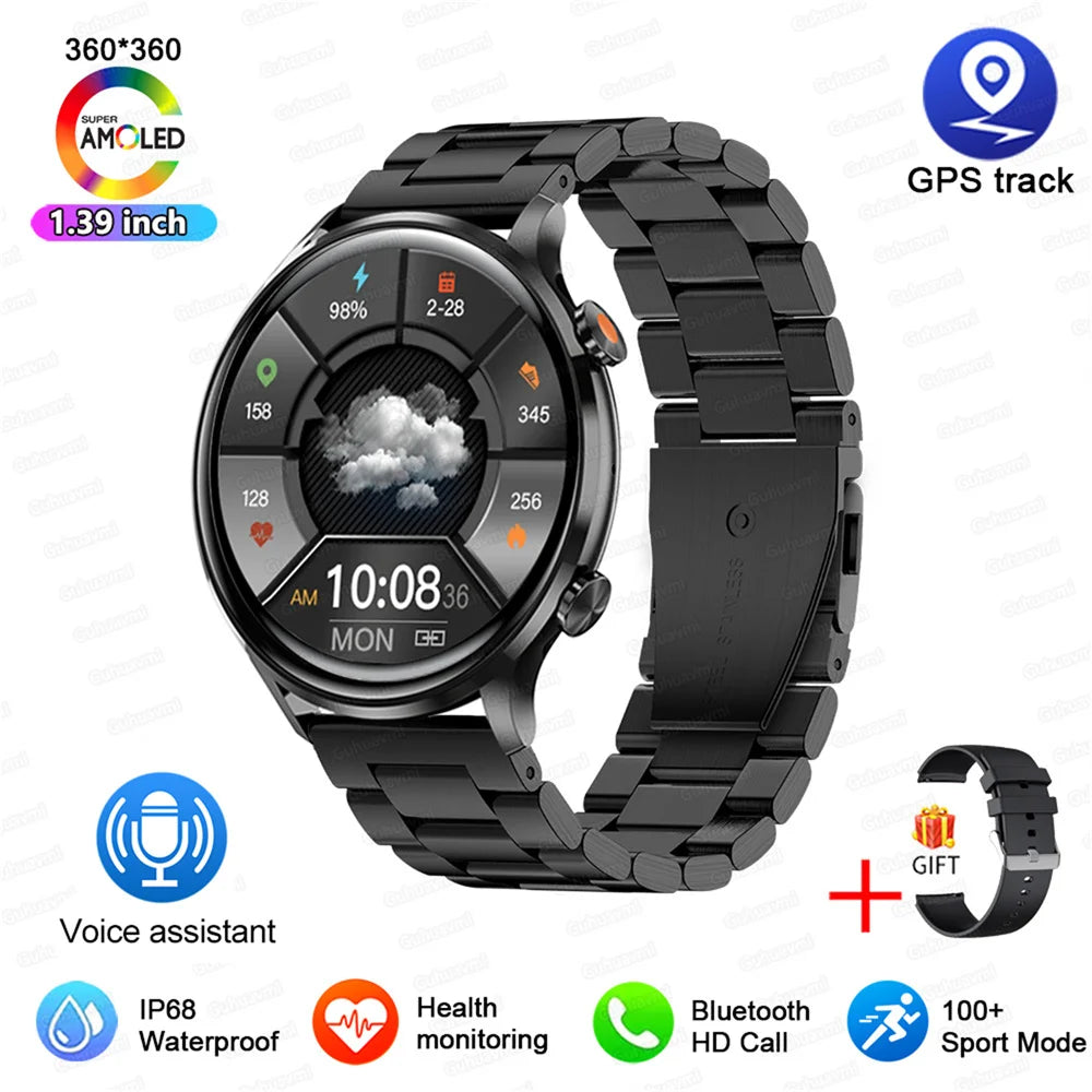 2024 New Smartwatch Women AMOLED HD Screen Always On Display Bluetooth Call IP68 Waterproof GPS Smart Men Watch For Android ios