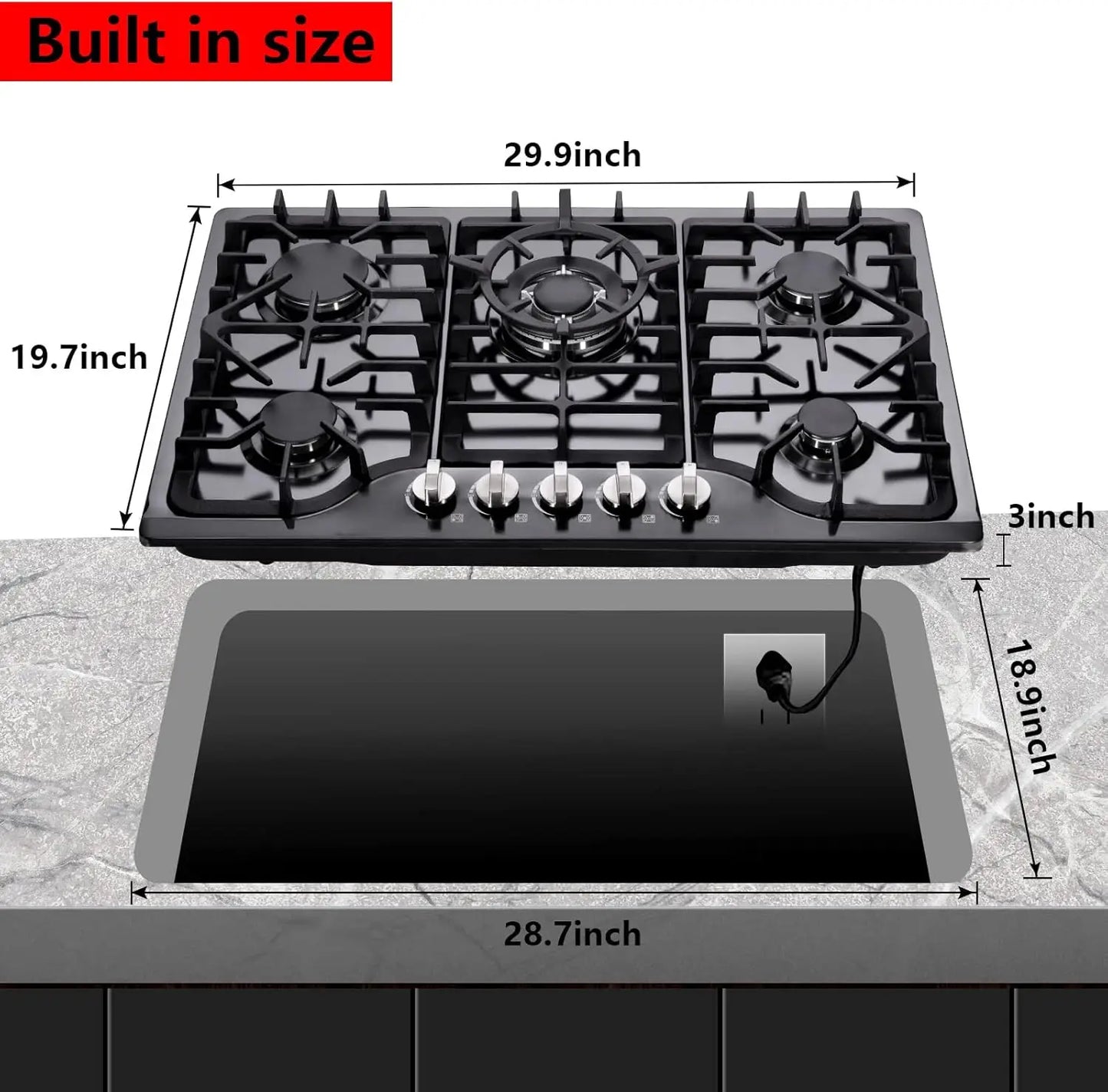 30 Inch Gas Cooktop Built-in Stainless Steel Gas Stovetop 5 High Efficiency Burners Gas Stove LPG/NG Convertible Hob (Black)