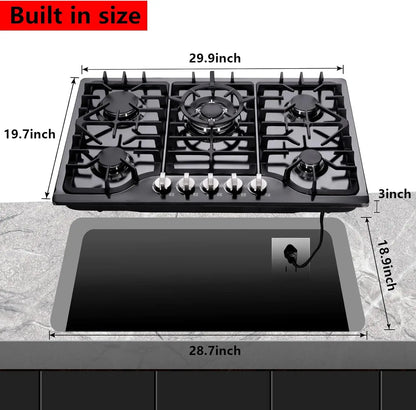 30 Inch Gas Cooktop Built-in Stainless Steel Gas Stovetop 5 High Efficiency Burners Gas Stove LPG/NG Convertible Hob (Black)