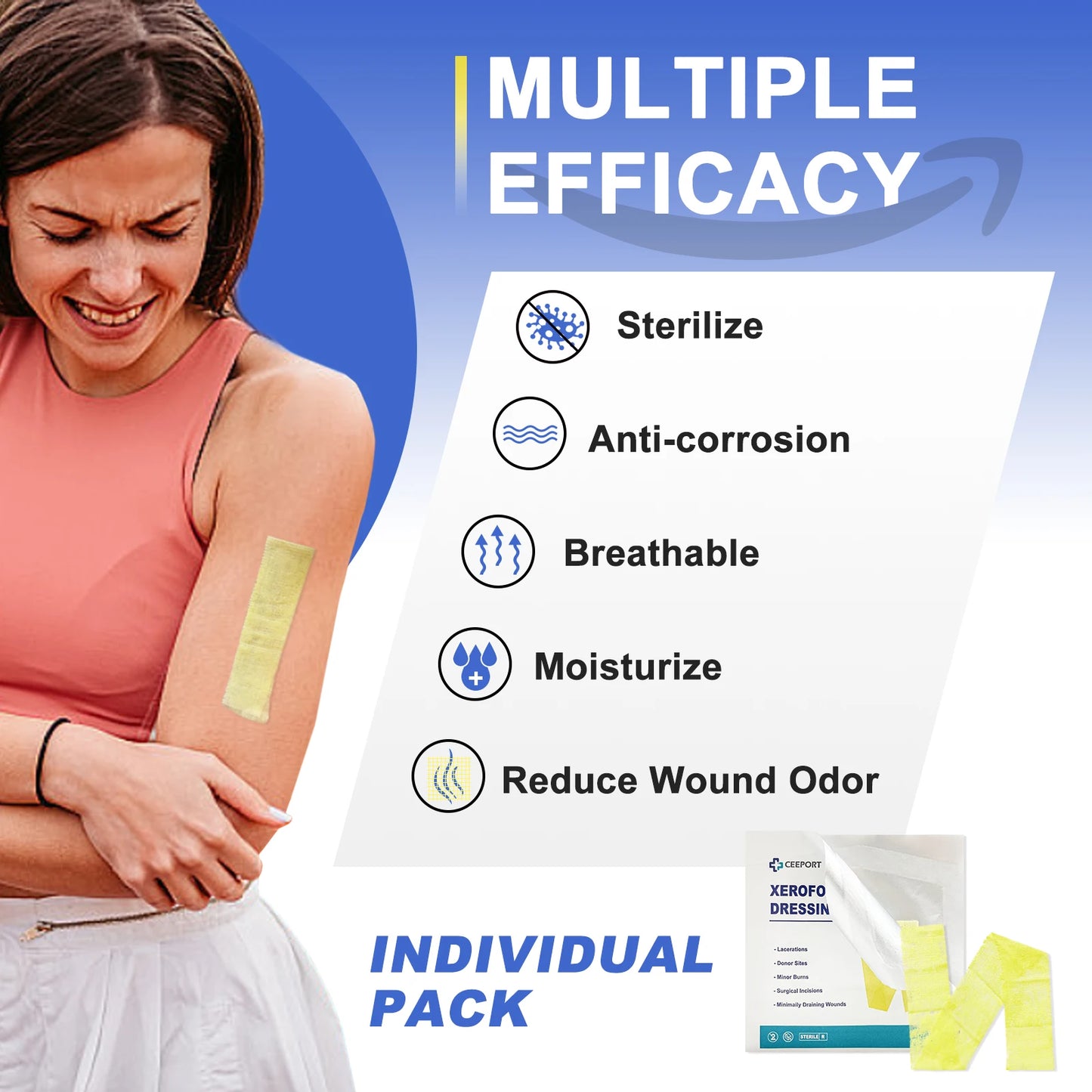 CEEPORT Medical 1x8in 50pcs Xeroform Petrolatum Dressing Non-Adherent Gauze Pad Strip for Wound Care