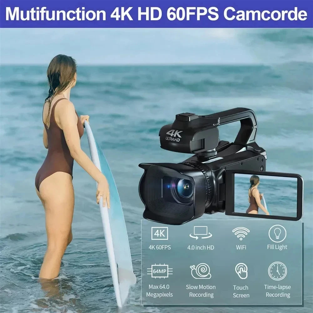 4K 60FPS Camcorder Professional Digital Video Camera 4K HD YouTube Streaming Camera 64MP 18X Zoom 4" Touch Screen Vlog Recorder