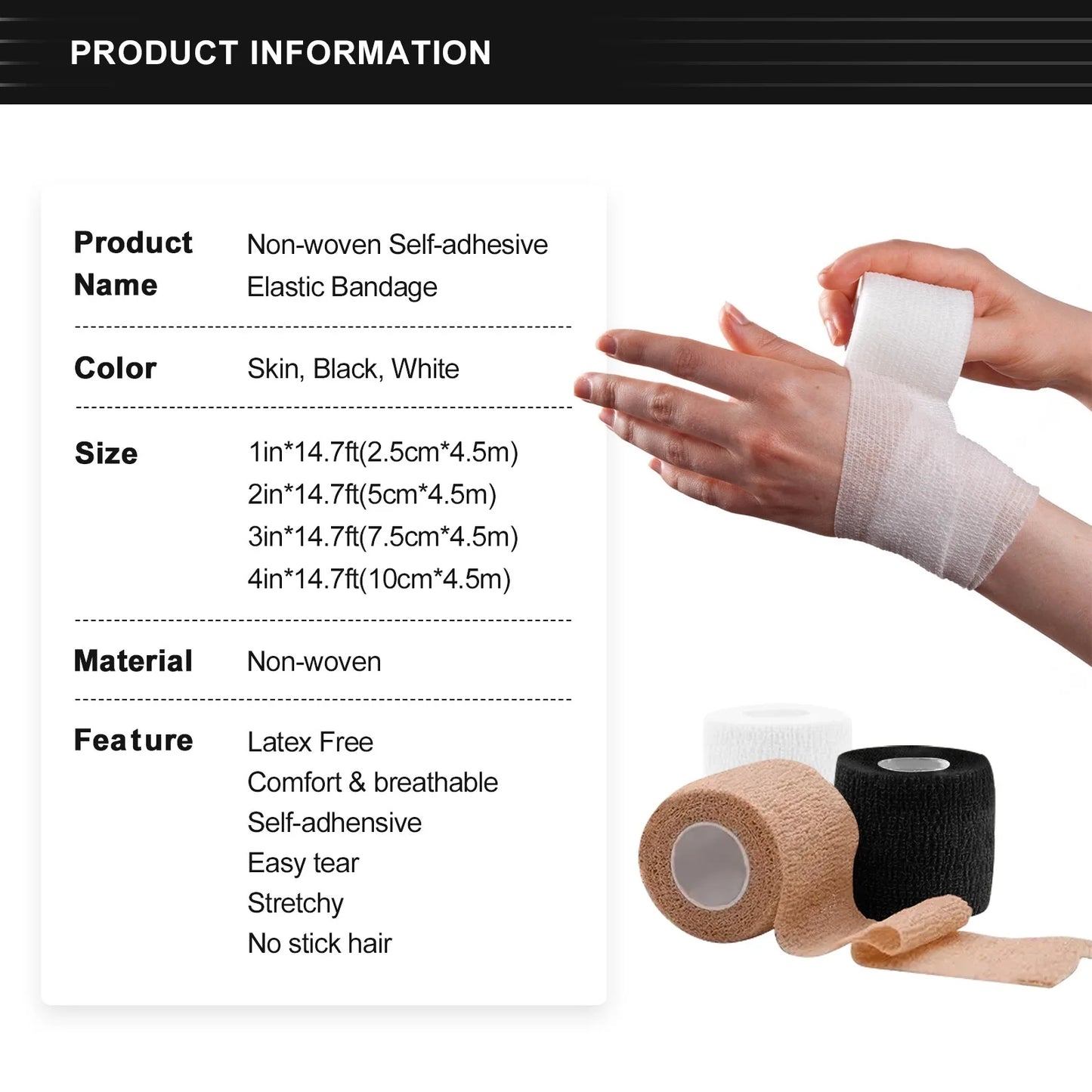 24Rolls Kindmax Self Adhesive Bandage Black, Elastic Breathable Sports Non-woven Wrap Finger Tape For Wrist Ankle First Aid