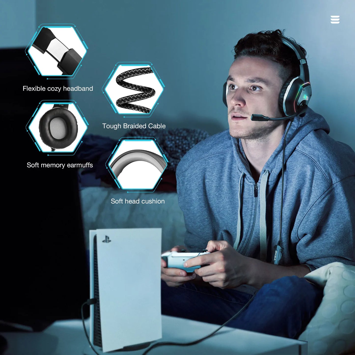 EKSA E1000 RGB Gaming Wireless Headphone with Mic Over-Ear Headphones 7.1 Surround Sound Wired Headset For PC PS4/PS5