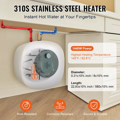 VEVOR Electric Mini-Tank Water Heater, 2.5/4/8-Gal Tank Hot Water Storage, Safety Temperature Pressure Valve,for Kichen Bathroom