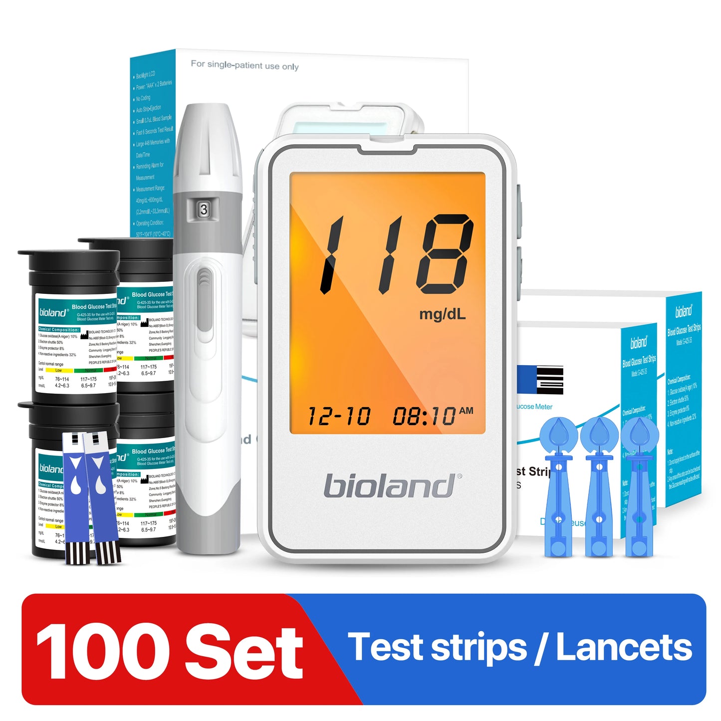G-425-2 Bioland Blood Glucose Meter Glucometer Kit Diabetes Testing Medical Blood Sugar Lancets digital glucometer complete Kit