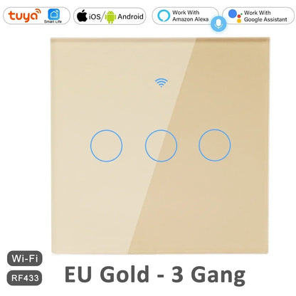 1 2 3 4 Gang 2 3 Way WiFi RF 433mhz Smart Wireless Touch Wall Light with Switch Button 220V with no Neutral EU Tuya Alexa Google