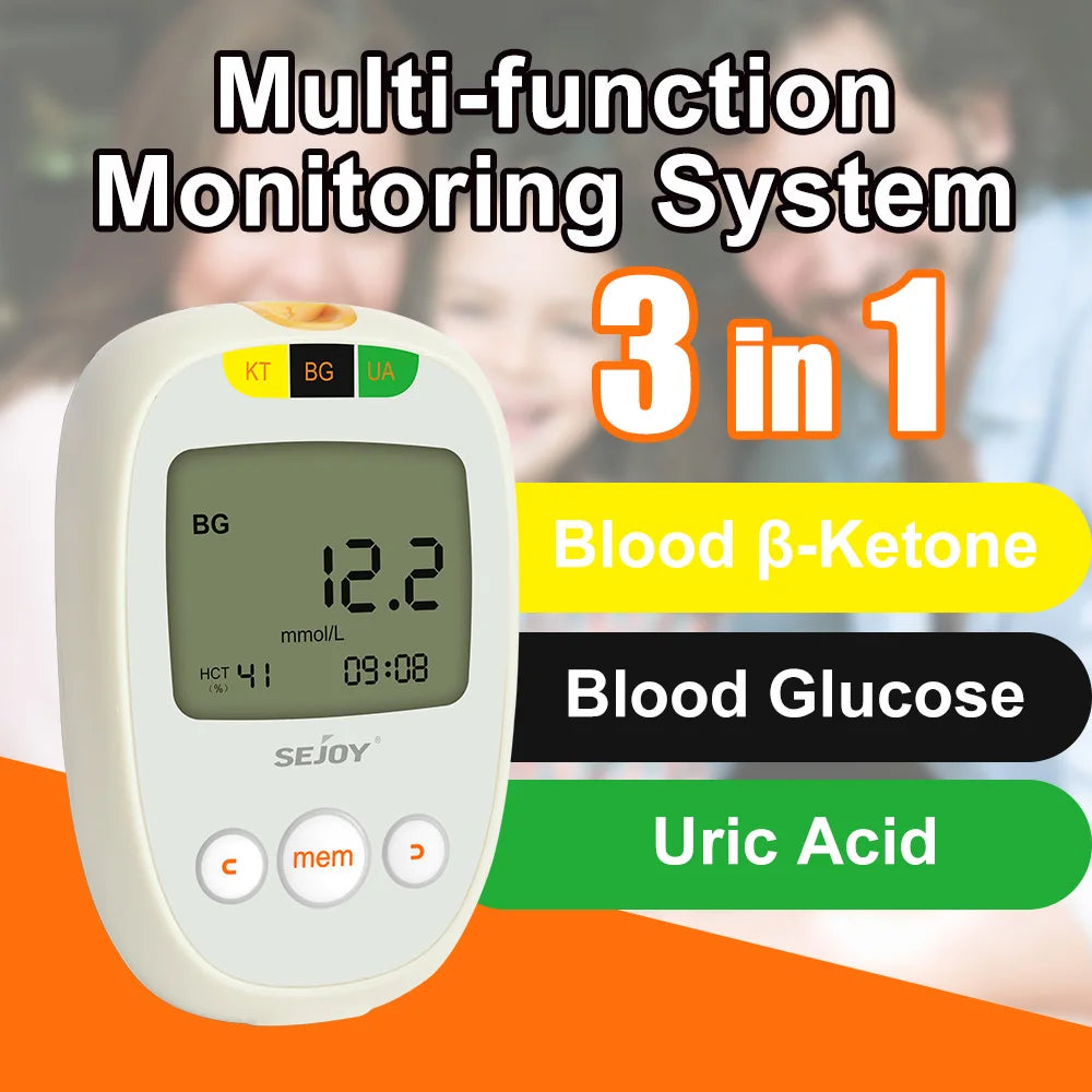 Glucose & Ketone Uric Acid Testing Meter Kit, Ketosis & Diabetes Management. 150 Test Strips (50 Each), Lancets, Lancing Device