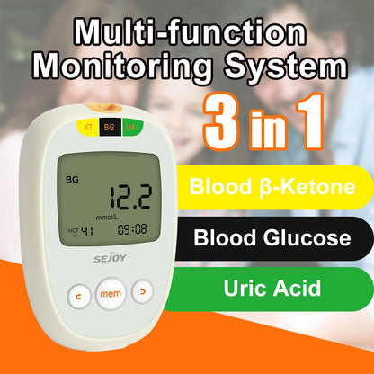 Glucose & Ketone Uric Acid Testing Meter Kit, Ketosis & Diabetes Management. 150 Test Strips (50 Each), Lancets, Lancing Device