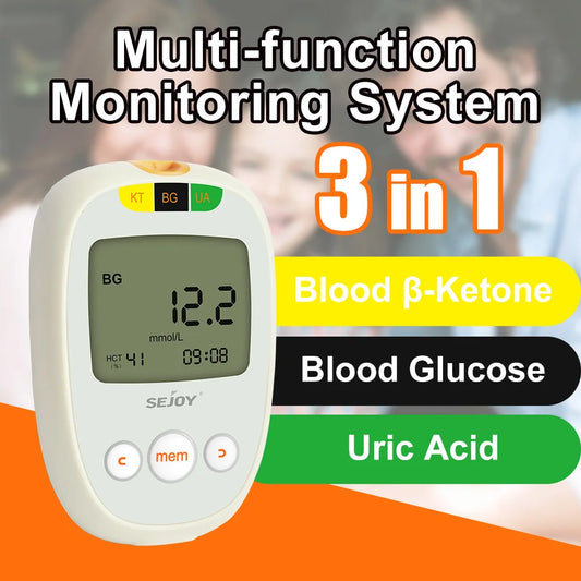 Glucose & Ketone Uric Acid Testing Meter Kit, Ketosis & Diabetes Management. 150 Test Strips (50 Each), Lancets, Lancing Device