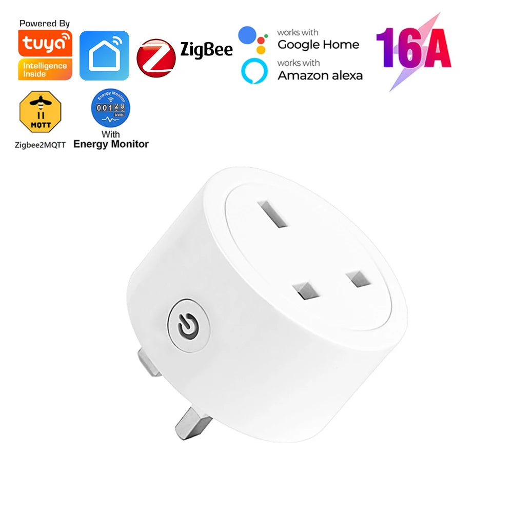 Tuya Zigbee Smart Socket UK Plug 16A Home Energy Monitor Power Outlet Adapter Smart Life Timing Voice Control for Alexa Google