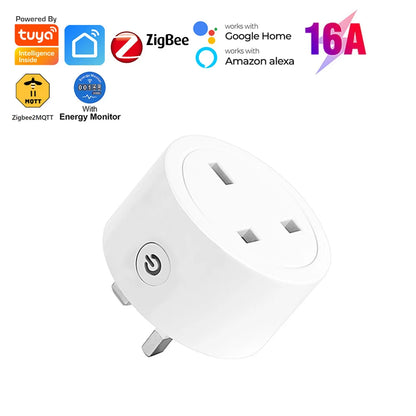 Tuya Zigbee Smart Socket UK Plug 16A Home Energy Monitor Power Outlet Adapter Smart Life Timing Voice Control for Alexa Google