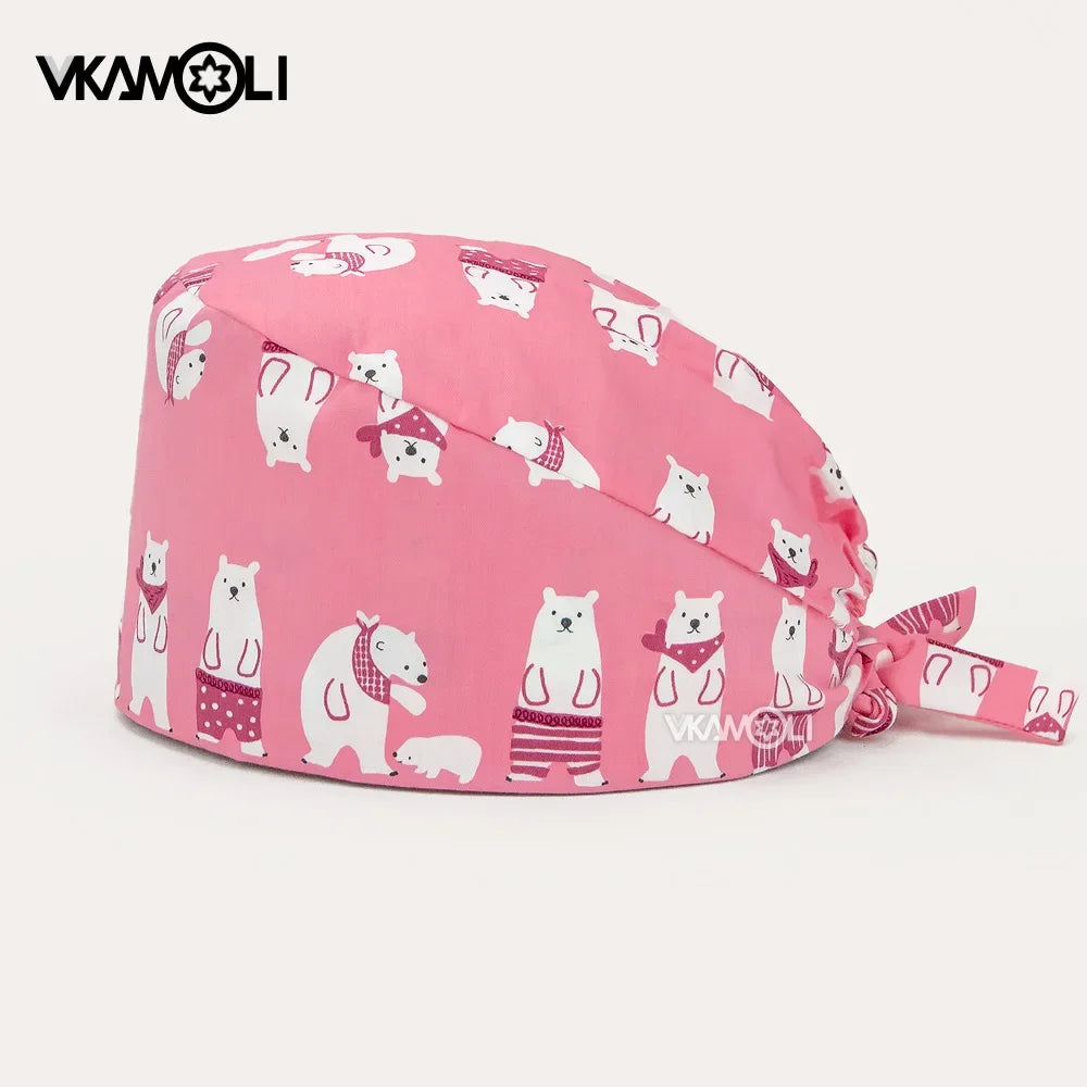vkamoli Red series women Soft Hat Printing Nurse Sweat-absorbent Head Wrap Towel Surgical Anti-Dirty Pure Cotton Cap Scrub Cap