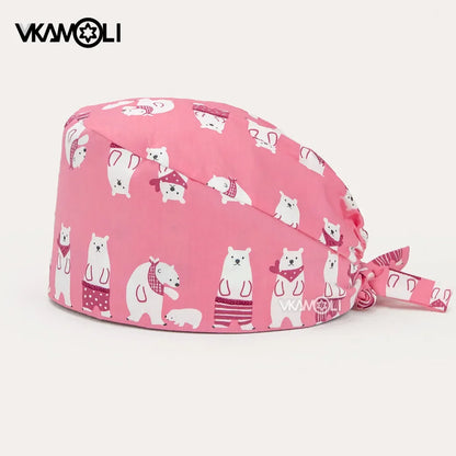 vkamoli Red series women Soft Hat Printing Nurse Sweat-absorbent Head Wrap Towel Surgical Anti-Dirty Pure Cotton Cap Scrub Cap