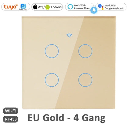 1 2 3 4 Gang 2 3 Way WiFi RF 433mhz Smart Wireless Touch Wall Light with Switch Button 220V with no Neutral EU Tuya Alexa Google