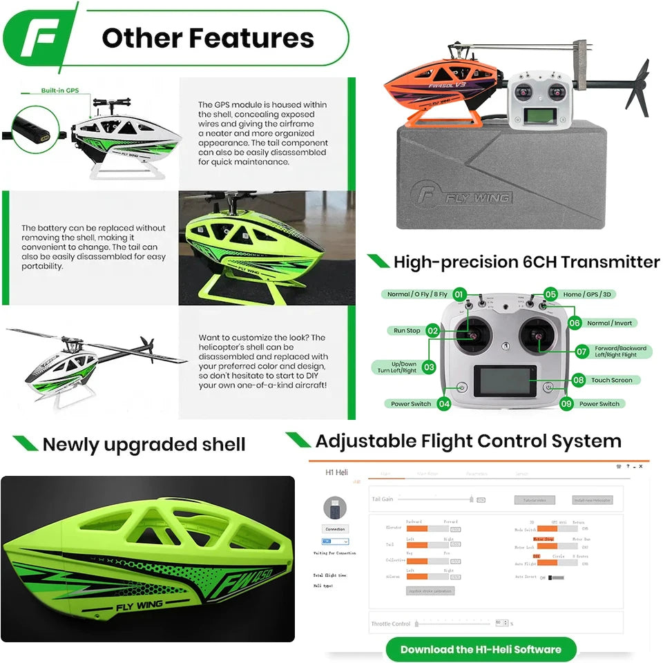 Flywing FW450l V3 Rc Helicopters Toys 6ch Adults Remote Control Helicopter Model PNP RTF 3D GPS Automatic Return RC Helicopter
