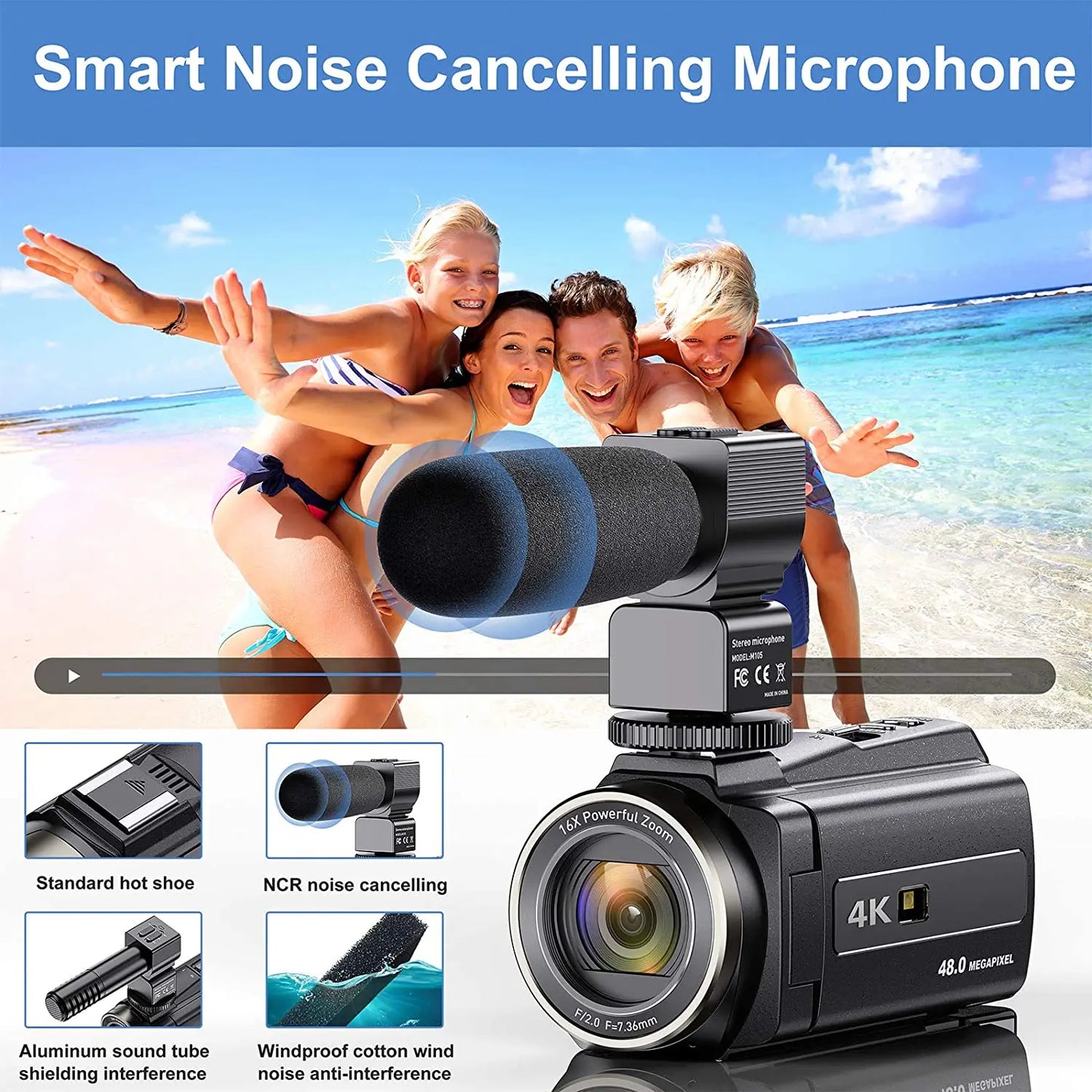 4K Video Camera Camcorder With Microphone 48MP Vlogging  16X Zoom 3.0" Touch Screen IR Night Vision Wi-Fi Vlog Cameras Web