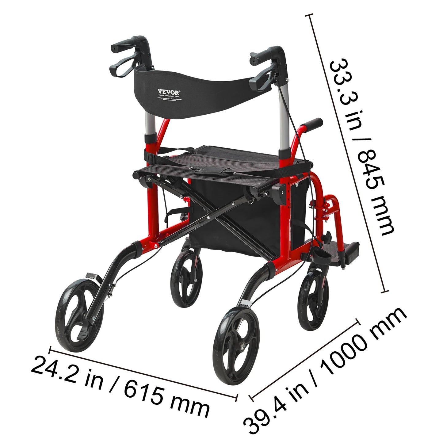 VEVOR 2 in 1 Rollator Walker & Transport Chair for Seniors Folding Rolling Walker Wheelchair Combo & Aluminum Mobility Walker