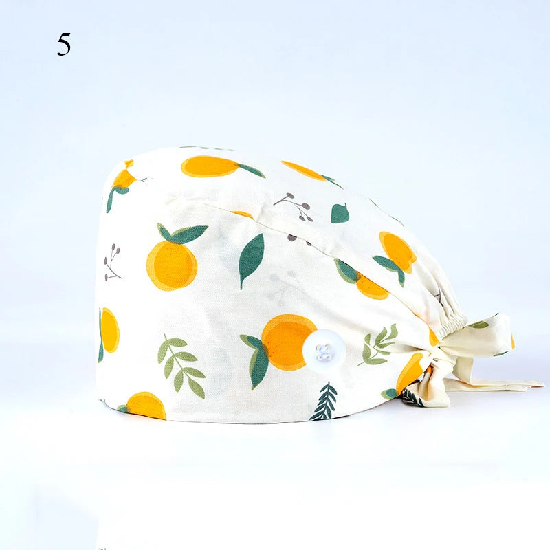 Floral Soft Hat Printing Nurse Sweat-absorbent Head Wrap Towel Surgical Anti-Dirty Pure Cotton Cap With Button Scrub Cap