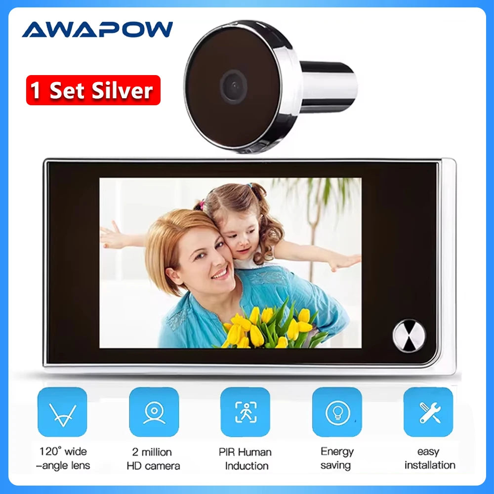 Awapow 3.5 Inch Video Peephole Doorbell Camera 120° Door Viewer Cat Eye Smart Home Outdoor Motion Detection for Home Security