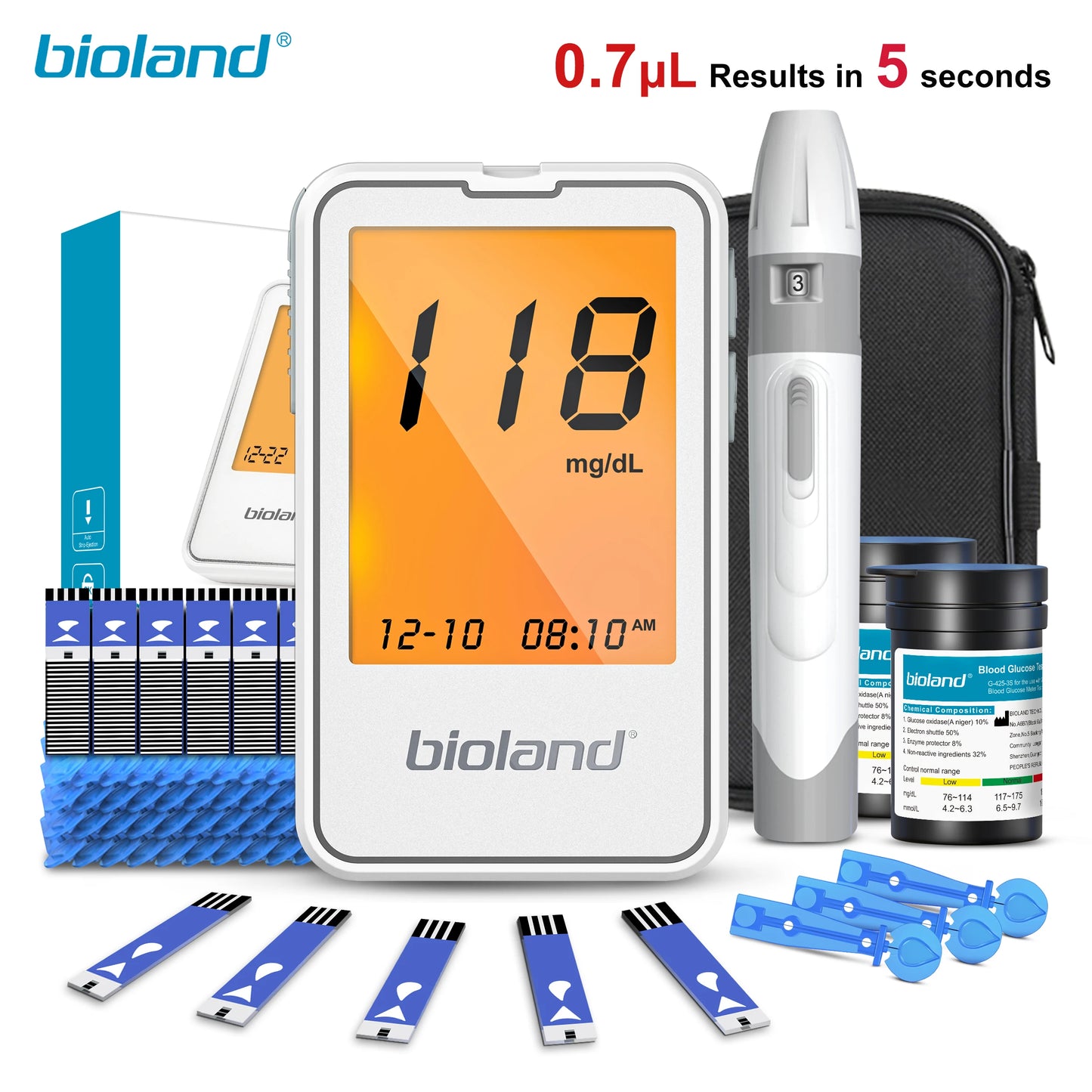G-425-2 Bioland Blood Glucose Meter Glucometer Kit Diabetes Testing Medical Blood Sugar Lancets digital glucometer complete Kit