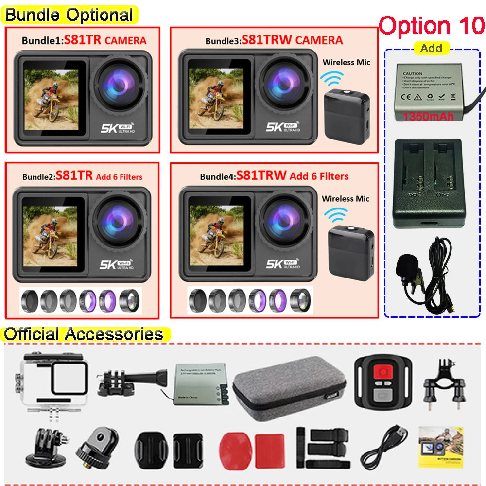 S81TRW Action Camera 5K 4K60FPS 48MP EIS DVR Webcam 2" IPS Dual Screen Optional 6 Filter Wireless Microphone Wi-Fi Sports Cam