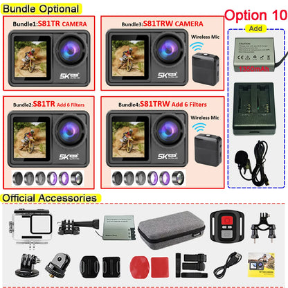 S81TRW Action Camera 5K 4K60FPS 48MP EIS DVR Webcam 2" IPS Dual Screen Optional 6 Filter Wireless Microphone Wi-Fi Sports Cam