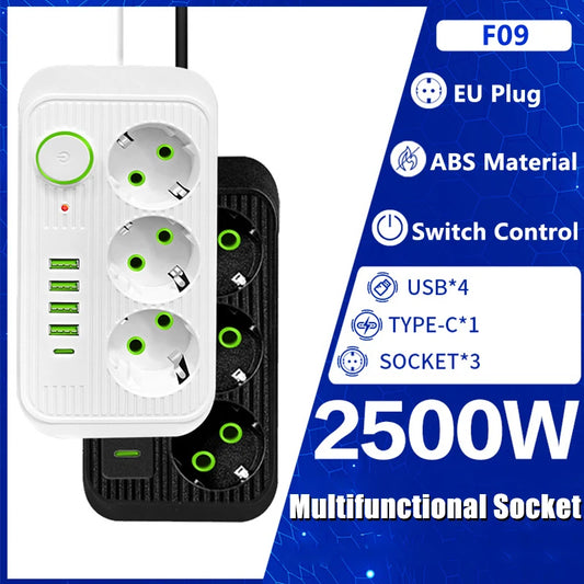 EU Plug Power Strip with USB Ports Extension 2M Cord Socket Network Filter Round Pin AC Outlet 2500W Electrical Charge Adapter