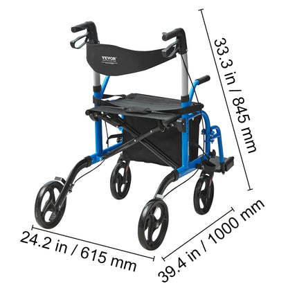 VEVOR 2 in 1 Rollator Walker & Transport Chair for Seniors Folding Rolling Walker Wheelchair Combo & Aluminum Mobility Walker