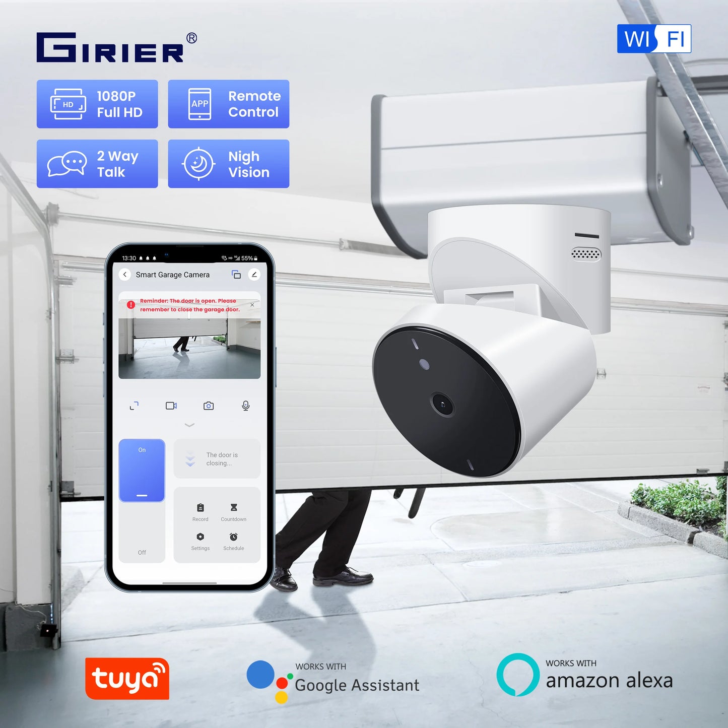GIRIER WiFi Garage Door Opener with Security Camera 1080P Smart Garage Camera Supports 2-way Talk Night Vision Motion Detection
