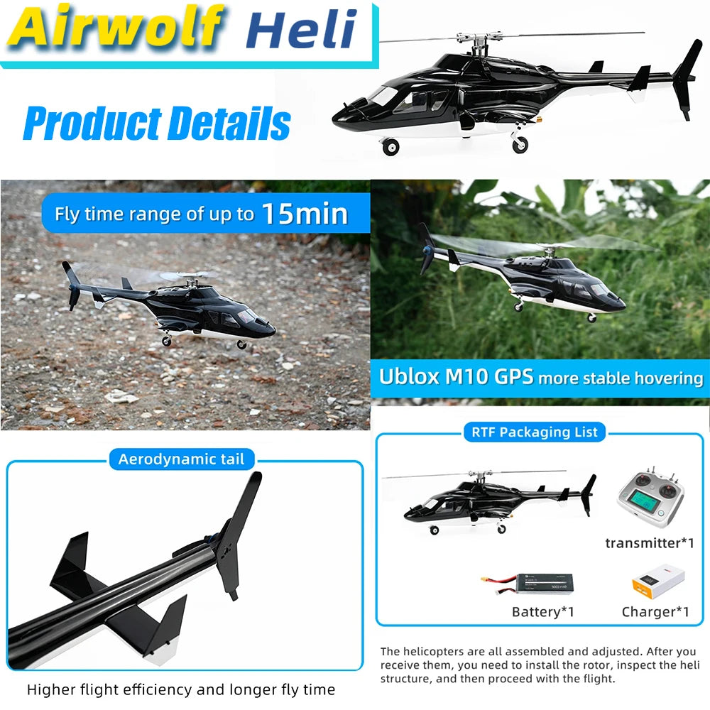 Flywing Airwolf 450 Size Helicopter GPS RTF Airwolf V2 Scale RC helicopter 6CH with H1 Flight Controller Auto-aerobatic Flight