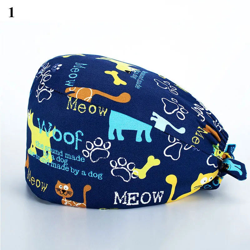 Floral Soft Hat Printing Nurse Sweat-absorbent Head Wrap Towel Surgical Anti-Dirty Pure Cotton Cap With Button Scrub Cap