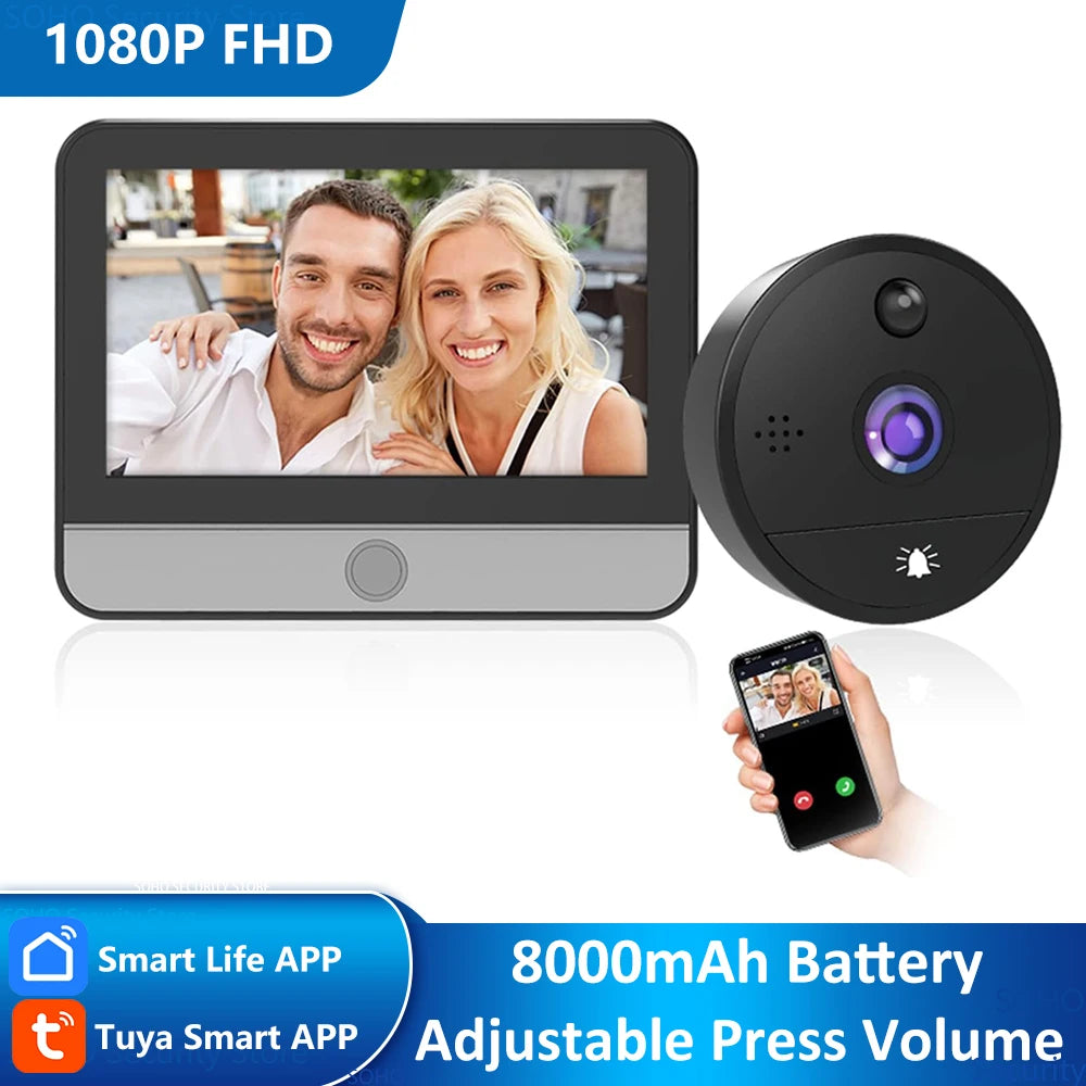 8000mAh Battery Powered 1080P Tuya Smart Life Home 4.3' Digital WiFi Door Viewer Peephole Doorbell Eye Camera Alexa Announcement