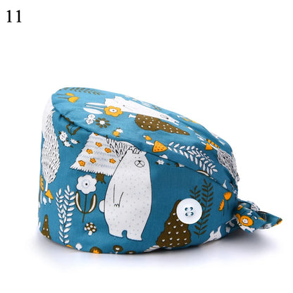 Floral Soft Hat Printing Nurse Sweat-absorbent Head Wrap Towel Surgical Anti-Dirty Pure Cotton Cap With Button Scrub Cap