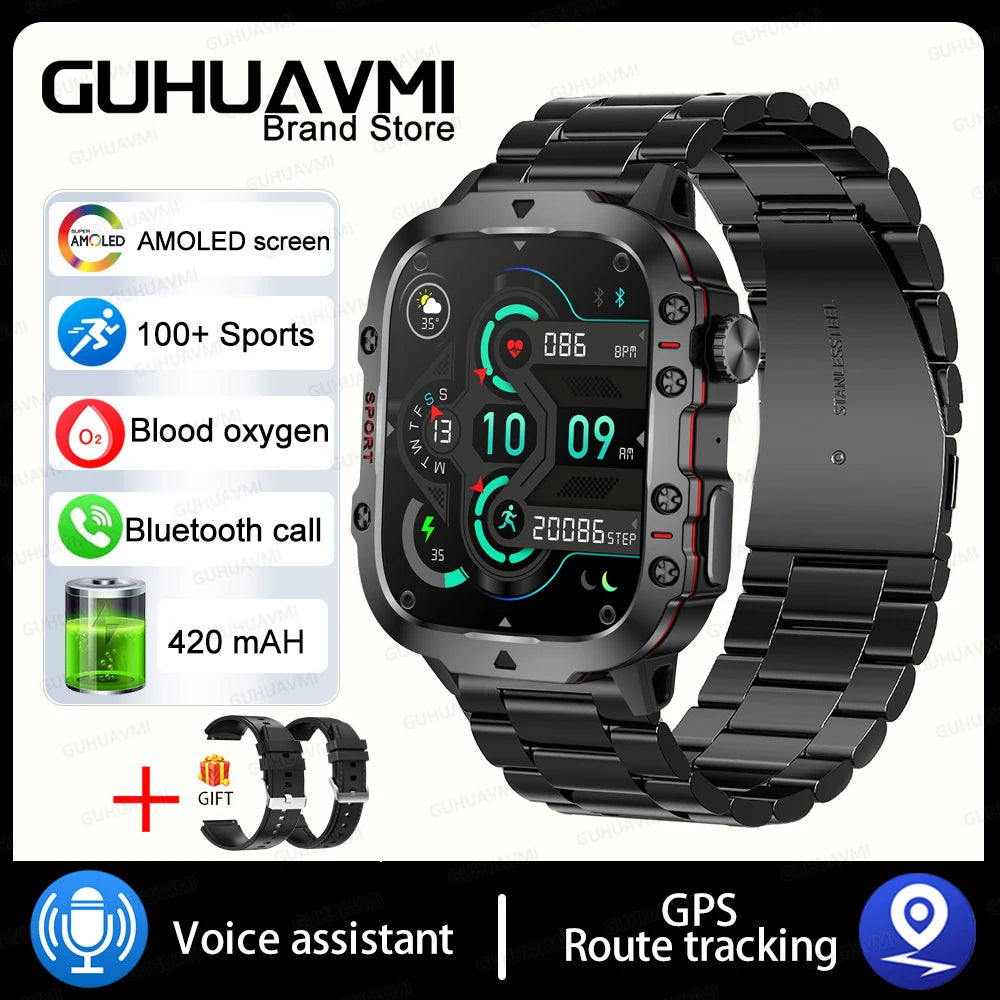 2024 New Rugged Military GPS Smart Watch Men AMOLED HD Screen Heart Rate Bluetooth Call Waterproof Outdoor SmartWatch For Xiaomi