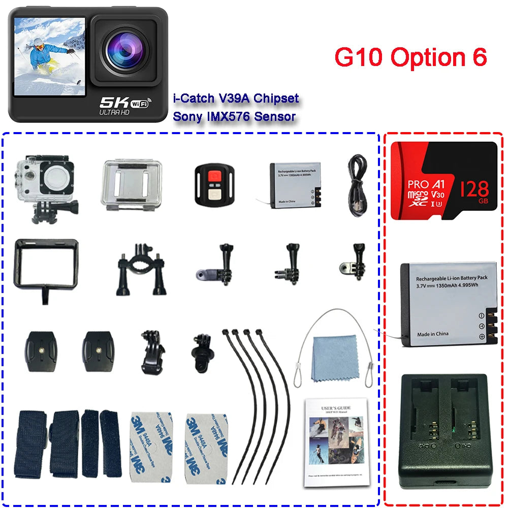 Action Camera 5K 4K60FPS EIS 48MP Wi-Fi Dual Screen 170D 8X Zoom Pre Record 30M Waterproof Sport Camera With Sony IMX576 Lens