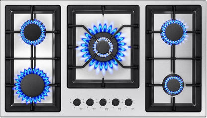 36 Inch Gas Cooktop 5 Burner Gas Stove Top Total 34,588 BTU Built-in Stainless Steel 36Inch Gas Hob with Thermocouple Protection