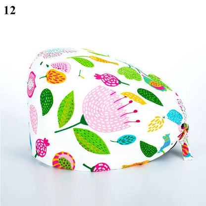 Floral Soft Hat Printing Nurse Sweat-absorbent Head Wrap Towel Surgical Anti-Dirty Pure Cotton Cap With Button Scrub Cap