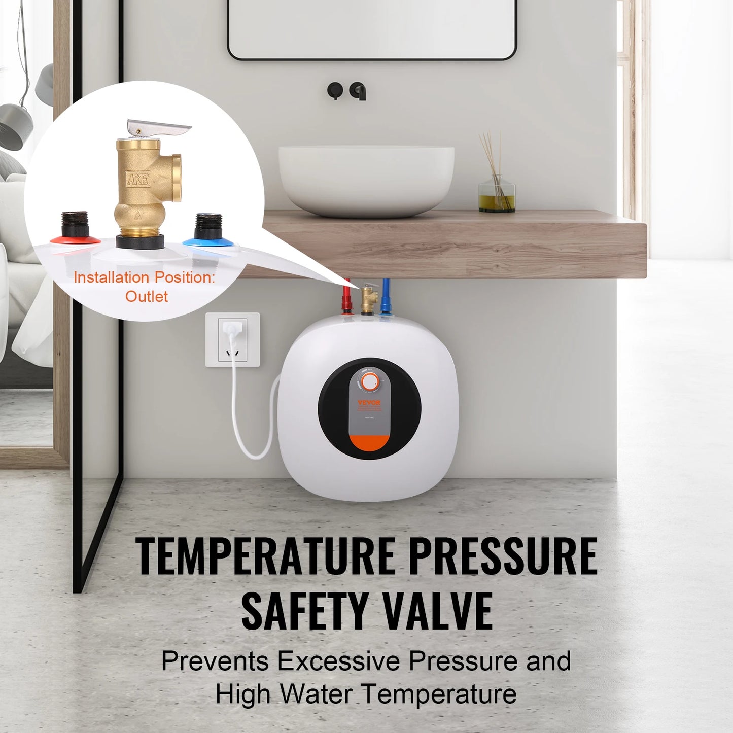 VEVOR Electric Mini-Tank Water Heater, 2.5/4/8-Gal Tank Hot Water Storage, Safety Temperature Pressure Valve,for Kichen Bathroom