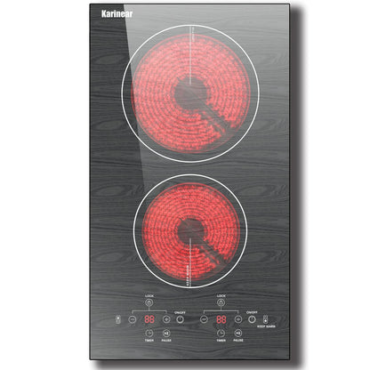 Karinear Portable Electric Cooktop 2 Burners, 110v Plug in Electric Stove Top, Countertop Use or Built-in Install, 12'' Ceramic