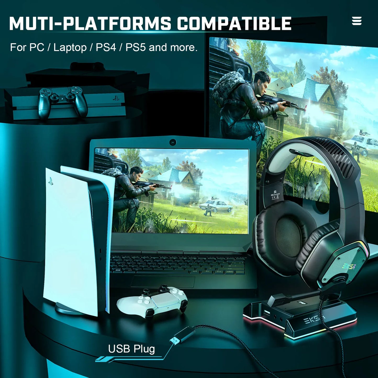 EKSA E1000 RGB Gaming Wireless Headphone with Mic Over-Ear Headphones 7.1 Surround Sound Wired Headset For PC PS4/PS5