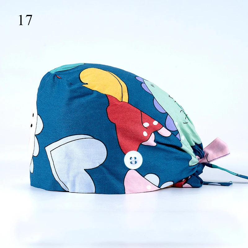 Floral Soft Hat Printing Nurse Sweat-absorbent Head Wrap Towel Surgical Anti-Dirty Pure Cotton Cap With Button Scrub Cap