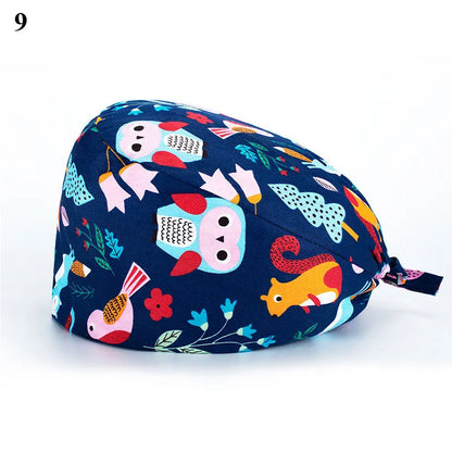 Floral Soft Hat Printing Nurse Sweat-absorbent Head Wrap Towel Surgical Anti-Dirty Pure Cotton Cap With Button Scrub Cap